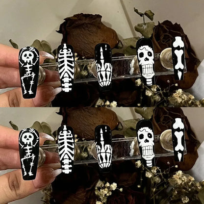 WM-980000 Saint Skull Long T Fake Nail Tip Halloween Festival Black And White Bone Wear Nail Piece Wholesale