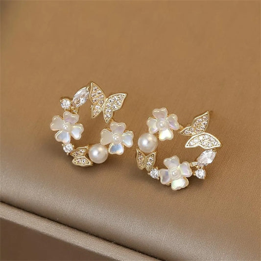 Wolesale Jewelry Pearl Flower Butterfly Korean Style Earrings Gooddiy