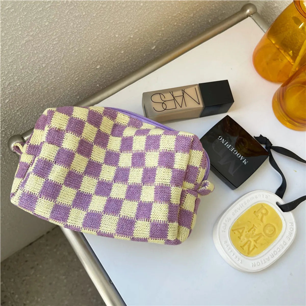 Women'S All Seasons Knit Lattice Fashion Square Zipper Cosmetic Bag