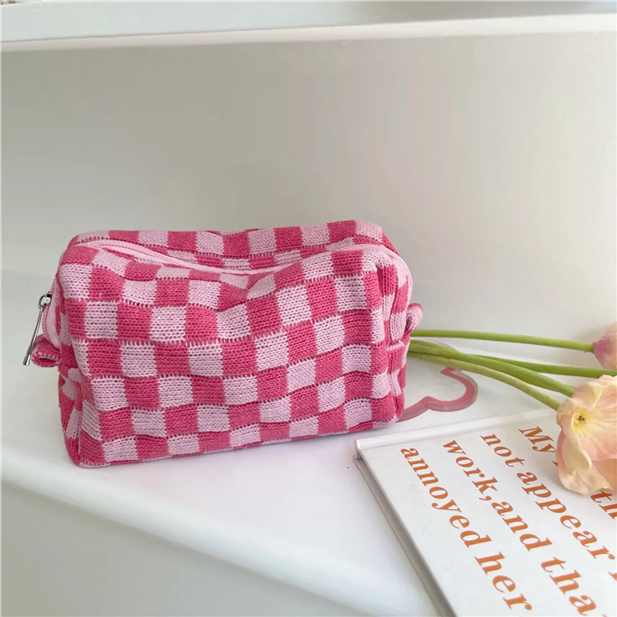 Women'S All Seasons Knit Lattice Fashion Square Zipper Cosmetic Bag