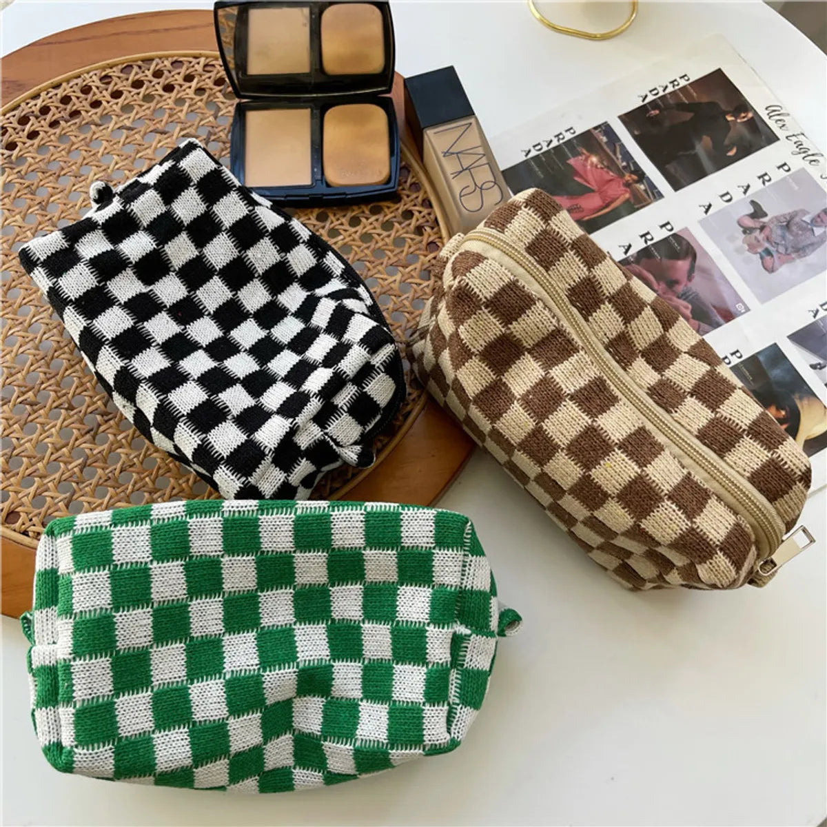 Women'S All Seasons Knit Lattice Fashion Square Zipper Cosmetic Bag