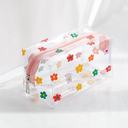 Women'S All Seasons Pvc Cartoon Fruit Flower Cute Transparent Square Zipper Cosmetic Bag