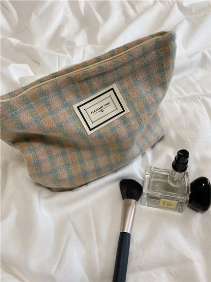 Women'S Canvas Plaid Streetwear Square Zipper Cosmetic Bag Wash Bag