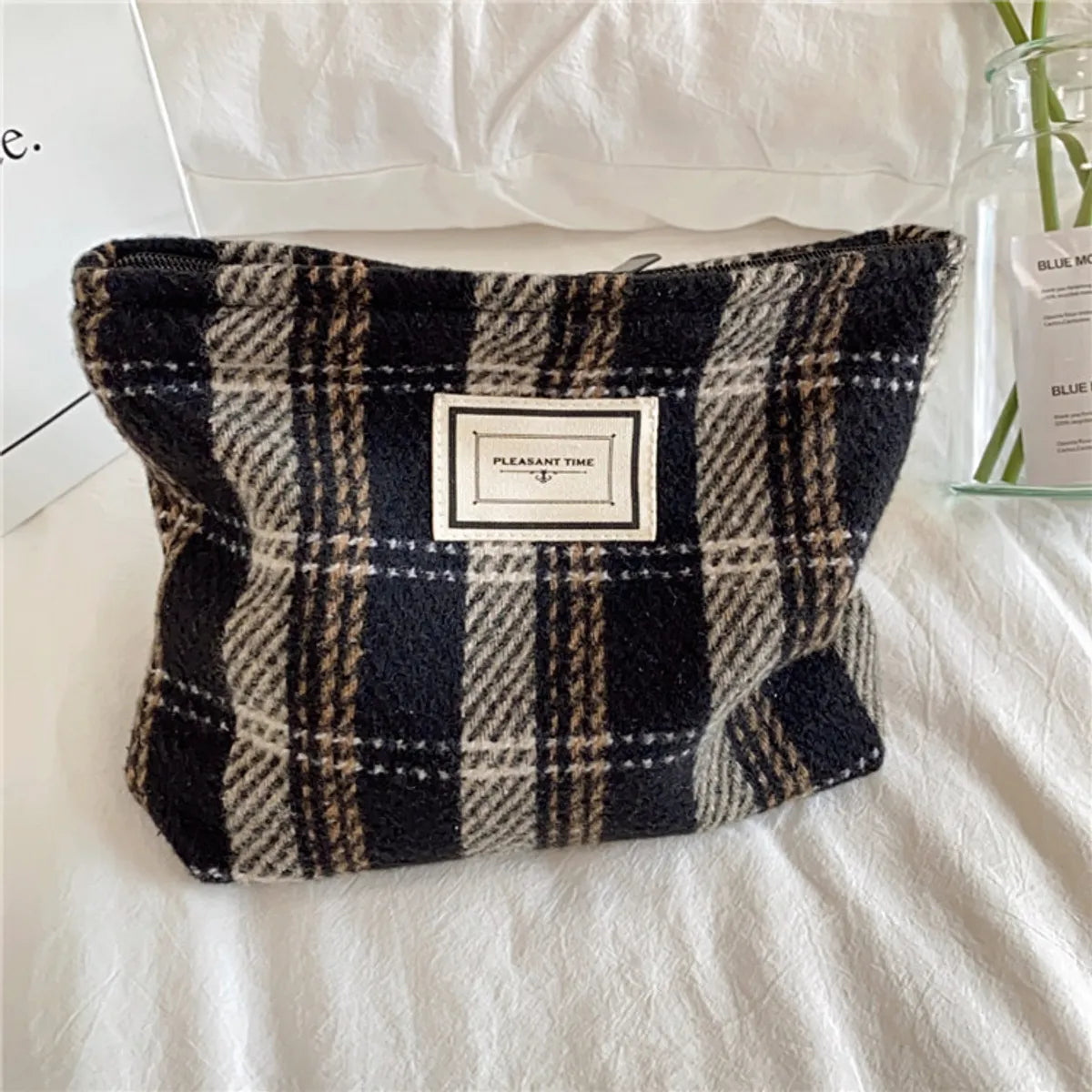 Women'S Canvas Plaid Streetwear Square Zipper Cosmetic Bag Wash Bag