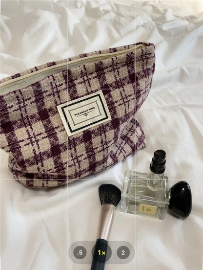 Women'S Canvas Plaid Streetwear Square Zipper Cosmetic Bag Wash Bag