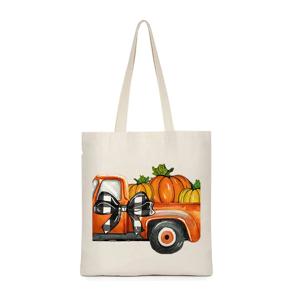 Women'S Canvas Pumpkin Letter Cute Square Open Canvas Bag