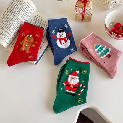 Women'S Cartoon Style Christmas Tree Santa Claus Snowman Cotton Crew Socks A Pair