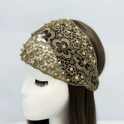 Women'S Casual Flower Cloth Hollow Out Inlay Rhinestones Pearl Hair Band