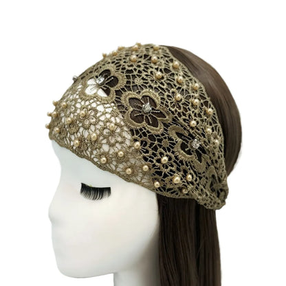 Women'S Casual Flower Cloth Hollow Out Inlay Rhinestones Pearl Hair Band