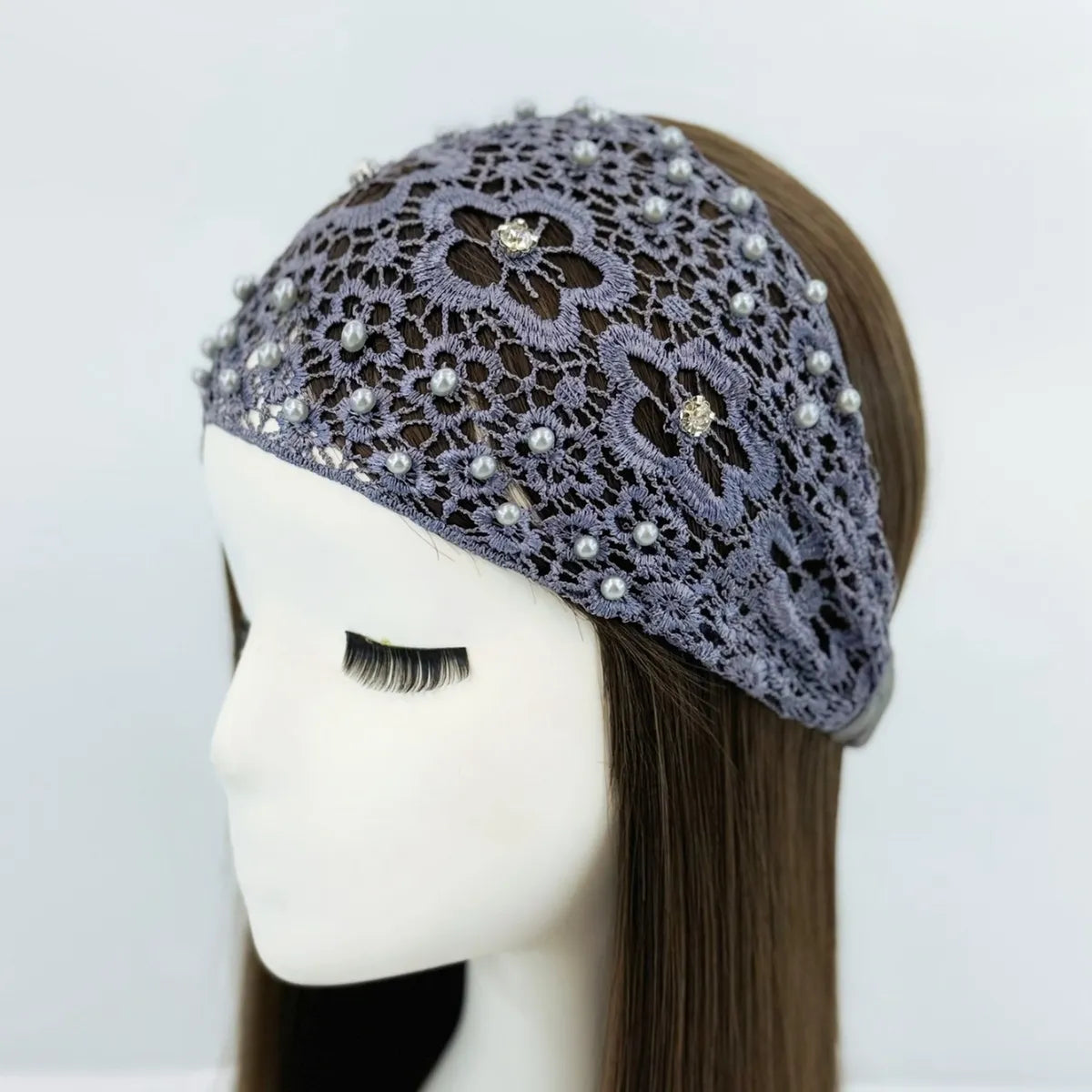 Women'S Casual Flower Cloth Hollow Out Inlay Rhinestones Pearl Hair Band