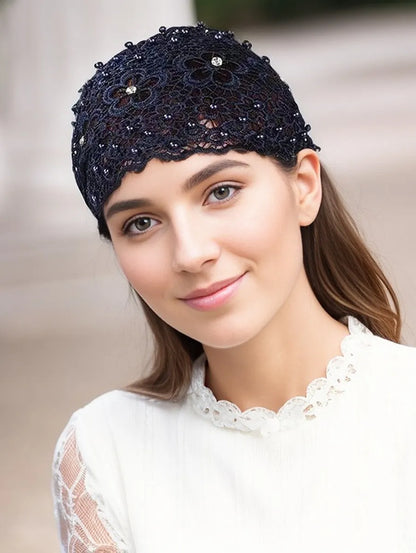 Women'S Casual Flower Cloth Hollow Out Inlay Rhinestones Pearl Hair Band