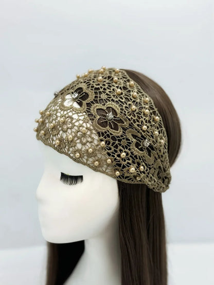 Women'S Casual Flower Cloth Hollow Out Inlay Rhinestones Pearl Hair Band