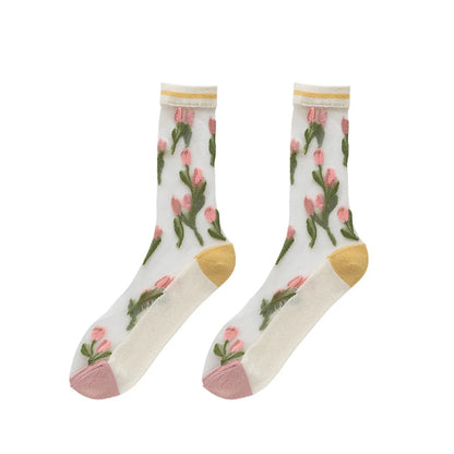 Women'S Casual Flower Nylon Cotton Jacquard Crew Socks A Pair