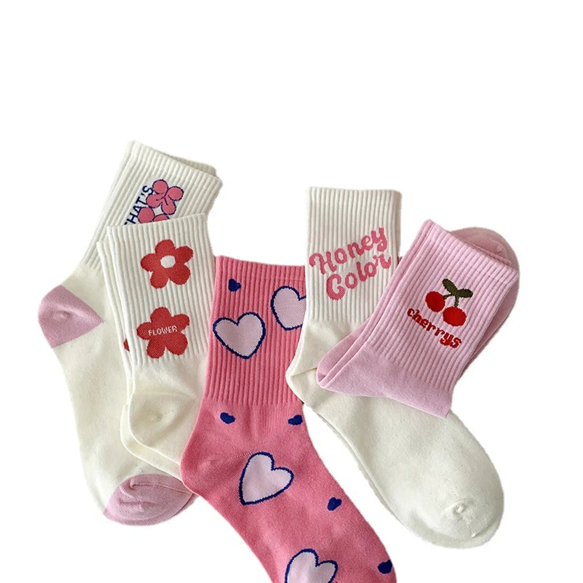 Women'S Casual Japanese Style Sweet Letter Fruit Flower Cotton Crew Socks A Pair