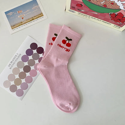 Women'S Casual Japanese Style Sweet Letter Fruit Flower Cotton Crew Socks A Pair