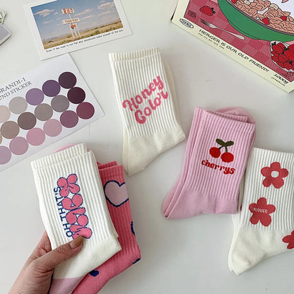 Women'S Casual Japanese Style Sweet Letter Fruit Flower Cotton Crew Socks A Pair