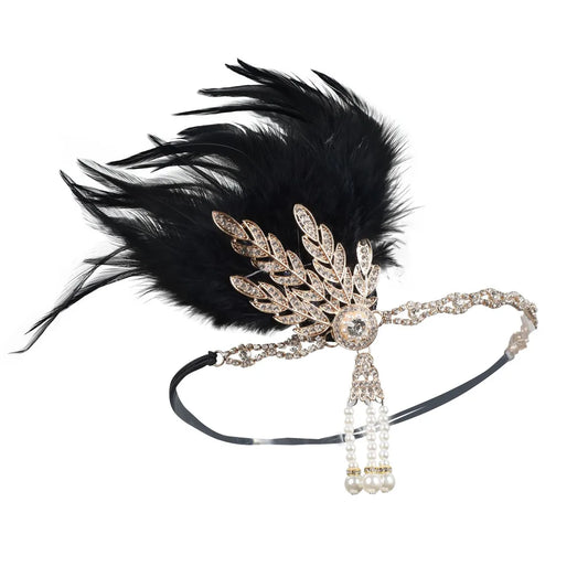 Women'S Casual Retro Leaves Elastic Belt Feather Beaded Feather Inlay Rhinestones Pearl Hair Band