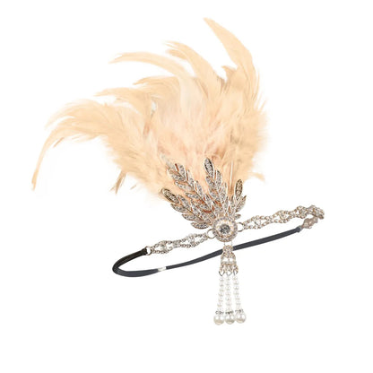 Women'S Casual Retro Leaves Elastic Belt Feather Beaded Feather Inlay Rhinestones Pearl Hair Band