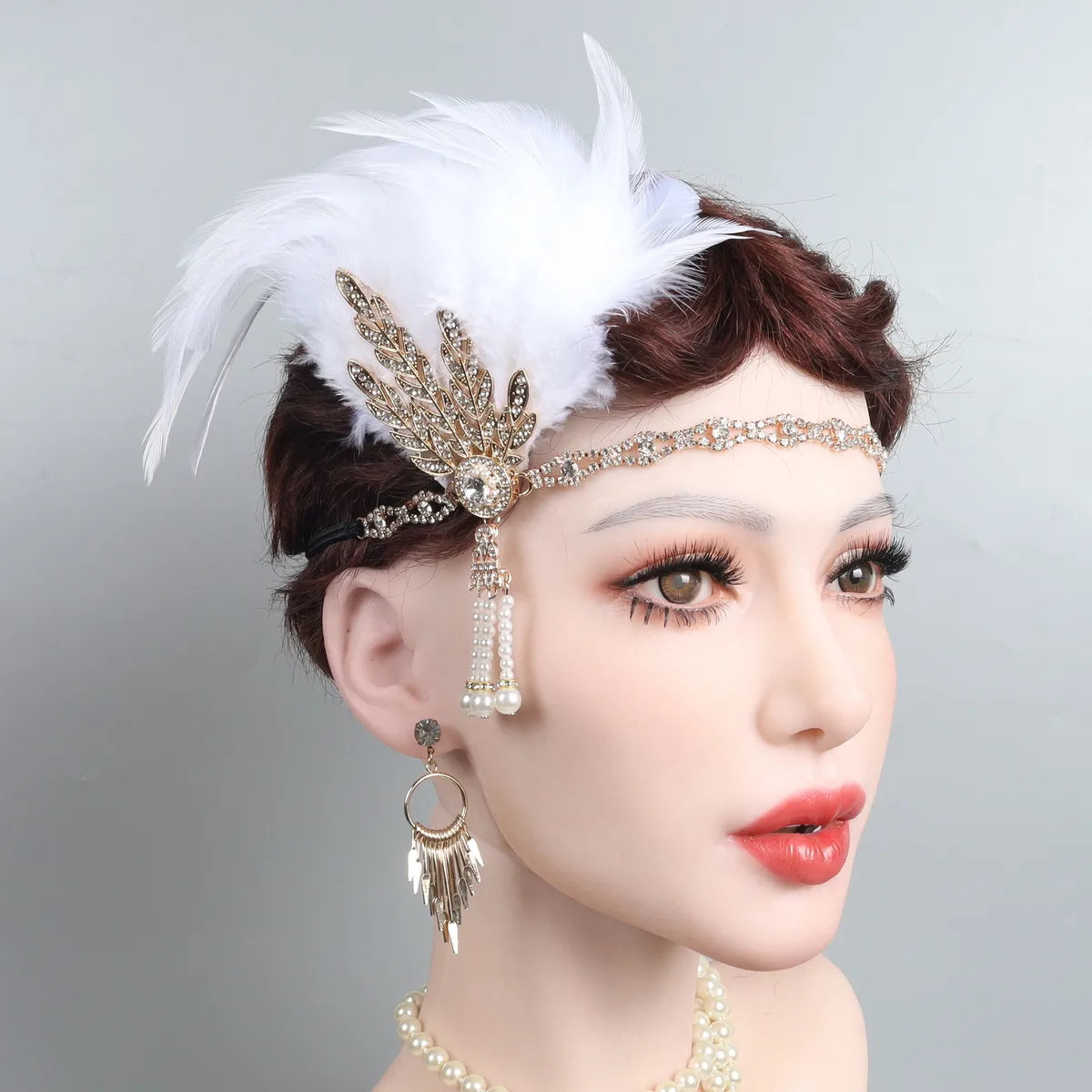 Women'S Casual Retro Leaves Elastic Belt Feather Beaded Feather Inlay Rhinestones Pearl Hair Band