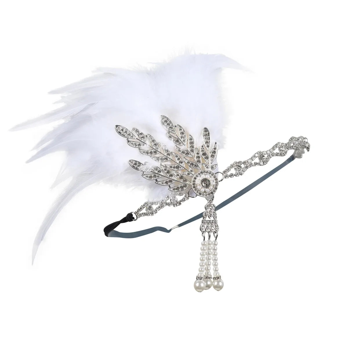 Women'S Casual Retro Leaves Elastic Belt Feather Beaded Feather Inlay Rhinestones Pearl Hair Band