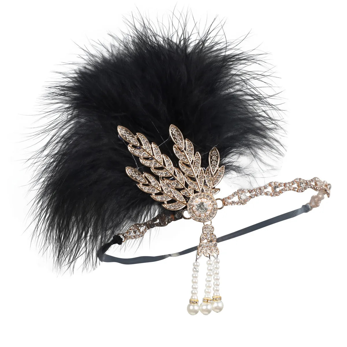 Women'S Casual Retro Leaves Elastic Belt Feather Beaded Feather Inlay Rhinestones Pearl Hair Band