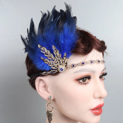 Women'S Casual Retro Leaves Elastic Belt Feather Beaded Feather Inlay Rhinestones Pearl Hair Band