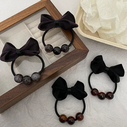 Women'S Casual Sweet Bow Knot Cloth Beaded Hair Tie