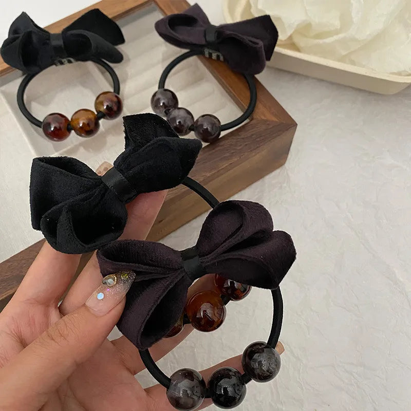 Women'S Casual Sweet Bow Knot Cloth Beaded Hair Tie