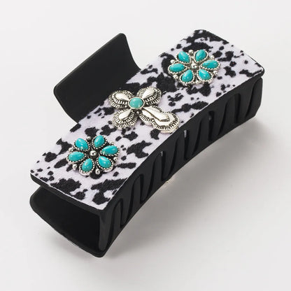 Women'S Casual Vacation Classic Style Cross Alloy Cloth Inlay Turquoise Hair Claws