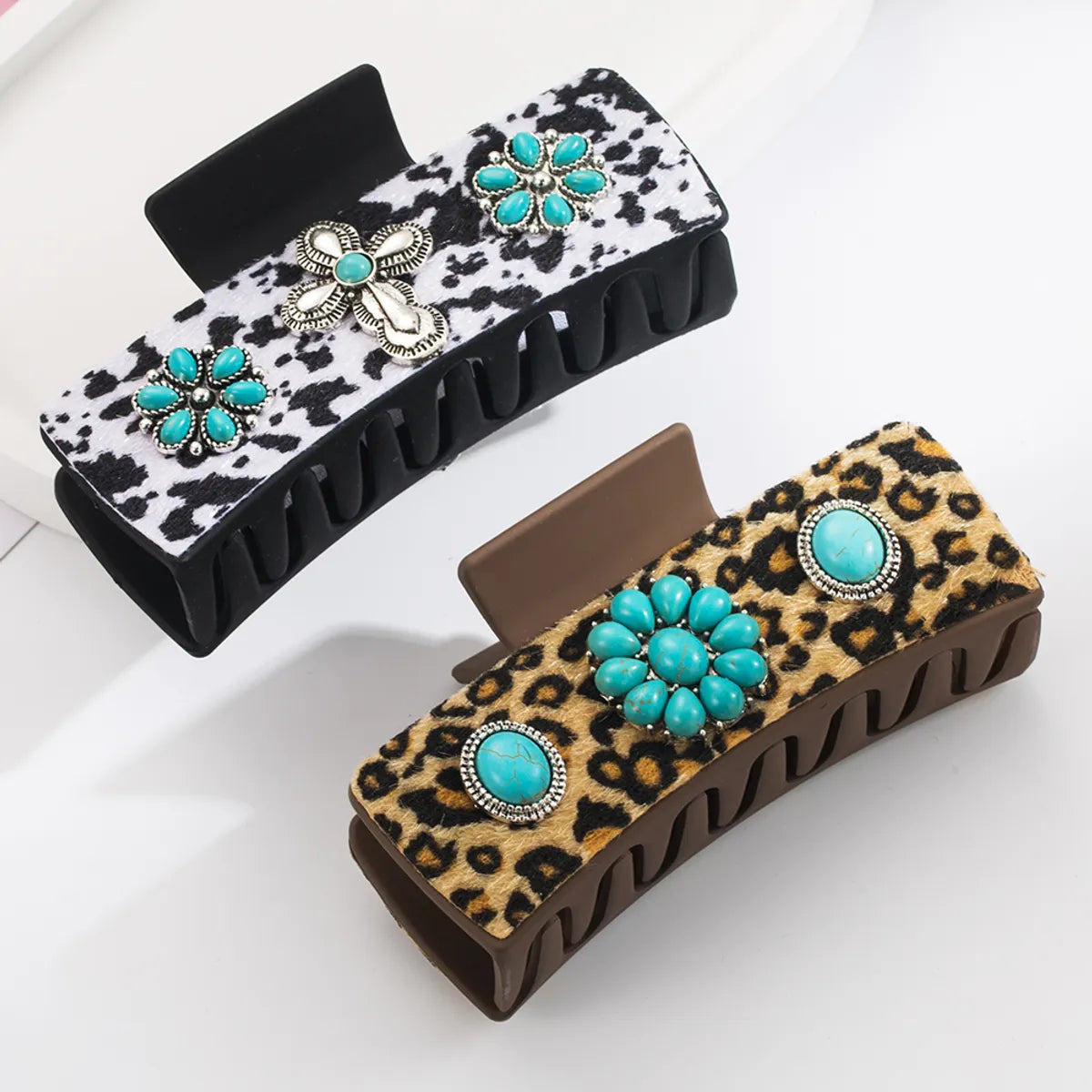 Women'S Casual Vacation Classic Style Cross Alloy Cloth Inlay Turquoise Hair Claws