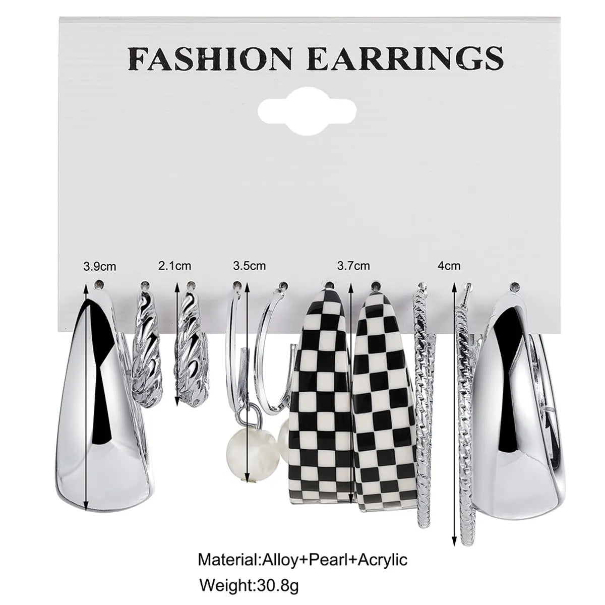 Women's Checkerboard Plaid Pearl Pendant Silver Earrings 5-piece Set