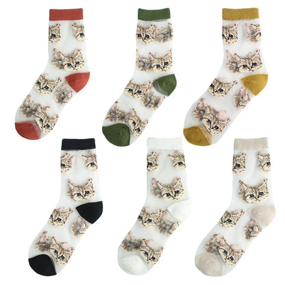 Women'S Cute Cat Acetate Fibre Embroidery Crew Socks A Pair