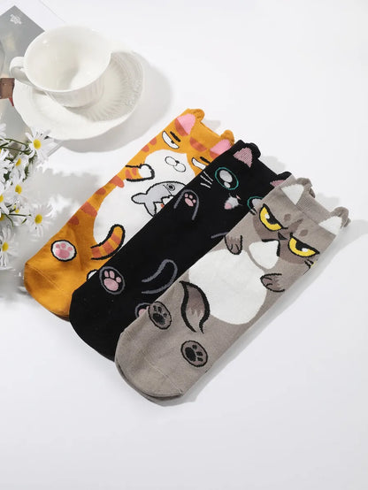 Women'S Cute Cat Polyester Ankle Socks 3 Pairs 6 Pieces