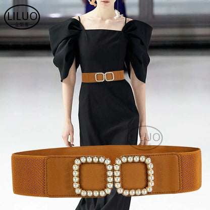 Women'S Decorative Pearl Belt Elastic Girdle Fashion Belt