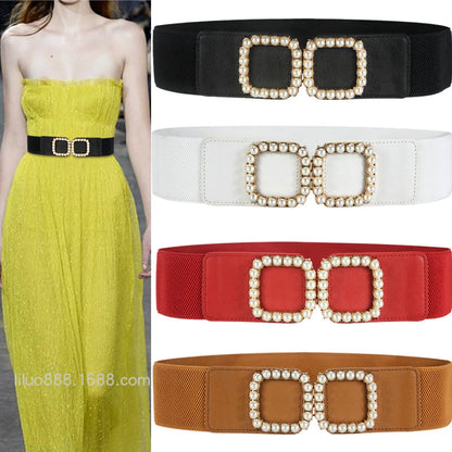 Women'S Decorative Pearl Belt Elastic Girdle Fashion Belt