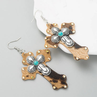 Women'S Ethnic Style Cross Alloy Turquoise Earrings Inlaid Turquoise Drop Earrings