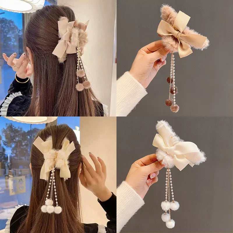 Women'S Fairy Style Sweet Bow Knot Plush Acetic Acid Sheets Pom Poms Chain Hair Claws