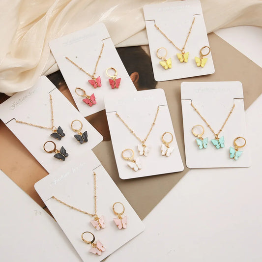 Women's Fashion Butterfly Arylic Alloy Earrings Necklace Splicing No Inlaid Jewelry Sets