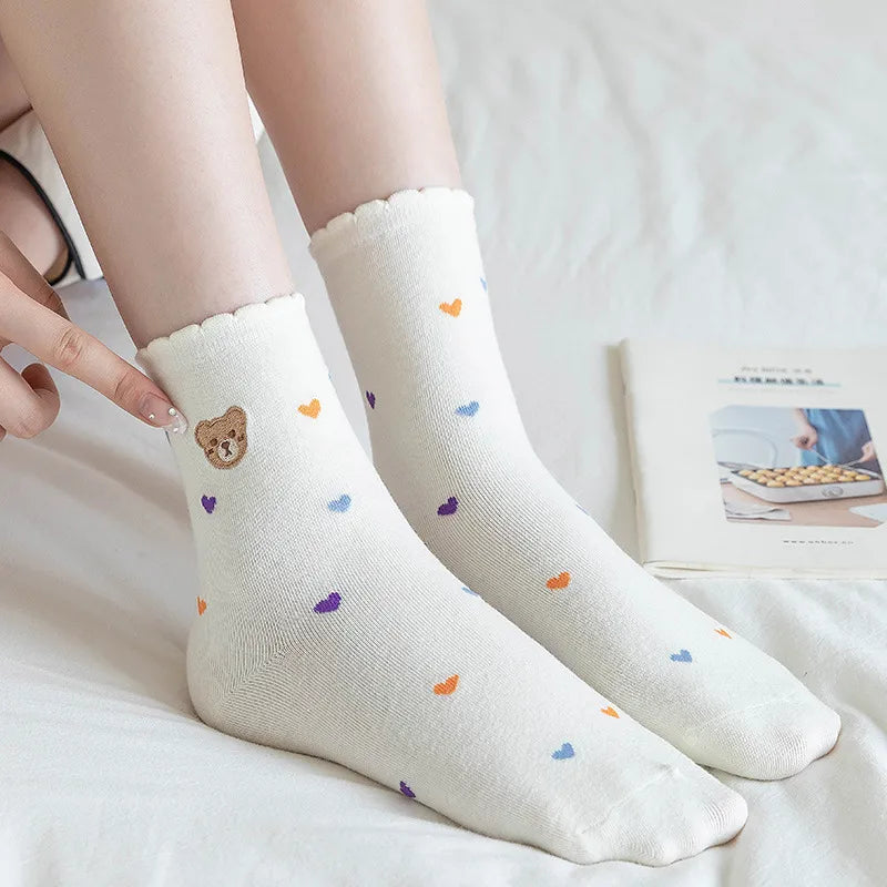 Women'S Fashion Cherry Bear Flower Nylon Cotton Crew Socks A Pair