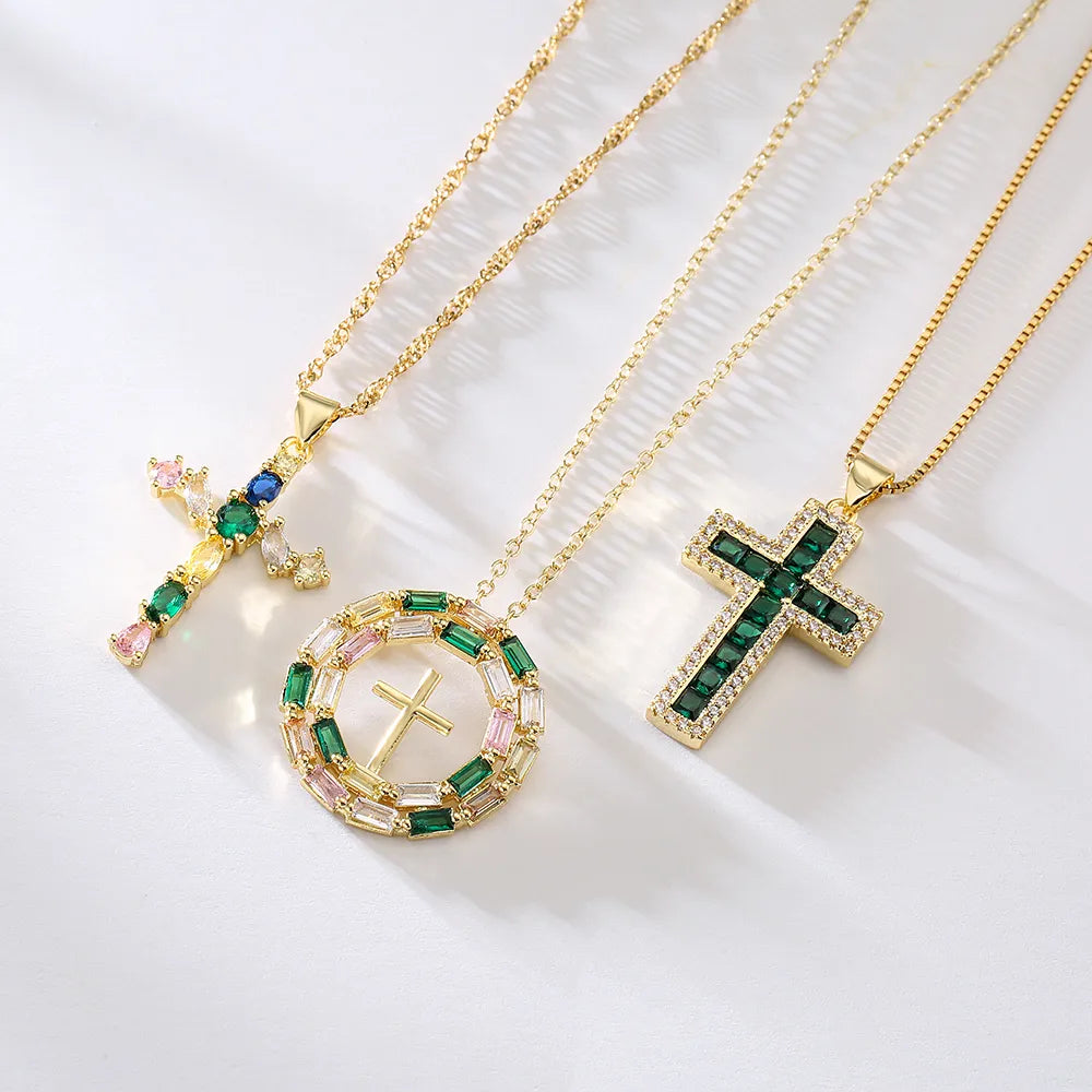 Women'S Fashion Cross Copper Necklace Inlaid Zircon Zircon Copper Necklaces