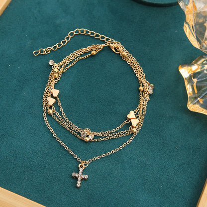 Fashion Cross Heart Shape Alloy Inlaid Crystal Artificial Crystal Women's Anklet