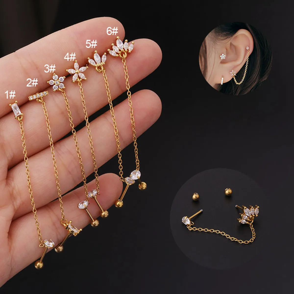 Fashion Flower Plating Stainless Steel Artificial Gemstones Ear Bone Stud