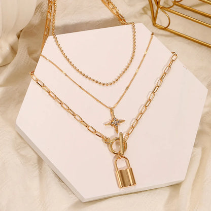 Korean Jewelry Cross-Border European And  Ring Bronze Beads Multi-Layer Geometric Hexagonal Circle Arrow Necklace