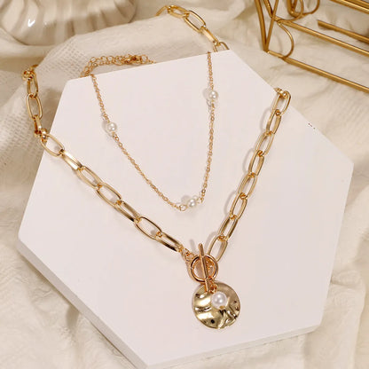 Korean Jewelry Cross-Border European And  Ring Bronze Beads Multi-Layer Geometric Hexagonal Circle Arrow Necklace