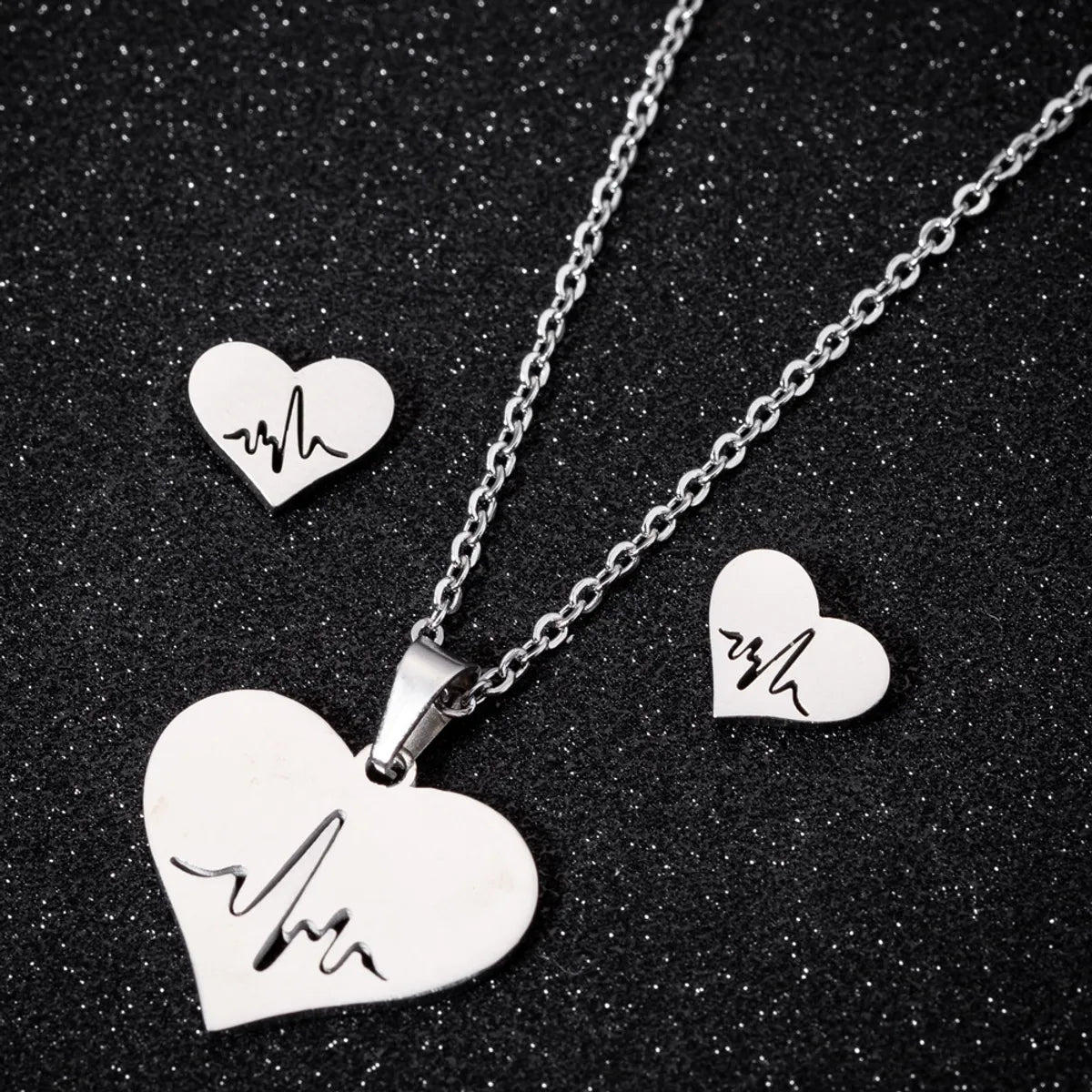 Women's Fashion Heart Stainless Steel Pendant Necklace Ear Studs Plating Jewelry Sets