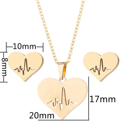 Women's Fashion Heart Stainless Steel Pendant Necklace Ear Studs Plating Jewelry Sets