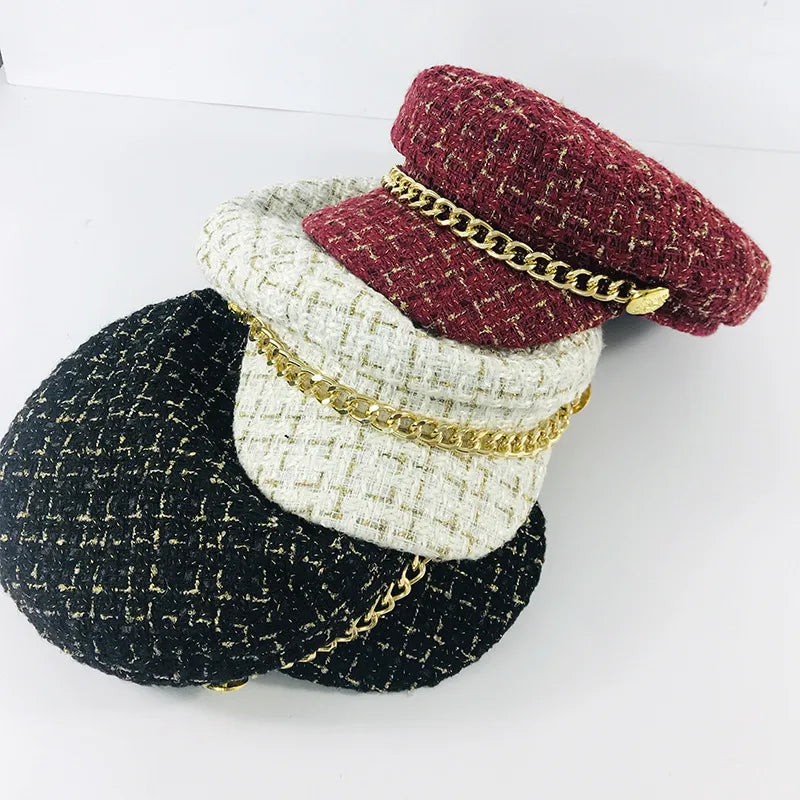 Women'S Fashion Plaid Chain Curved Eaves Beret Hat