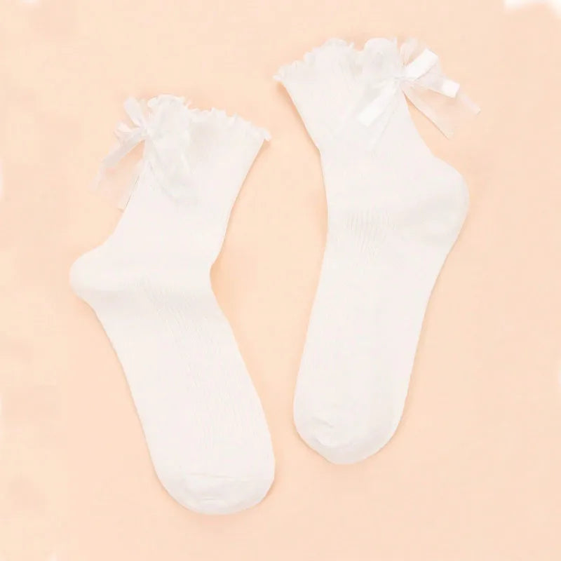 Women'S Girl'S Casual Simple Style Solid Color Polyester Bowknot Crew Socks A Pair