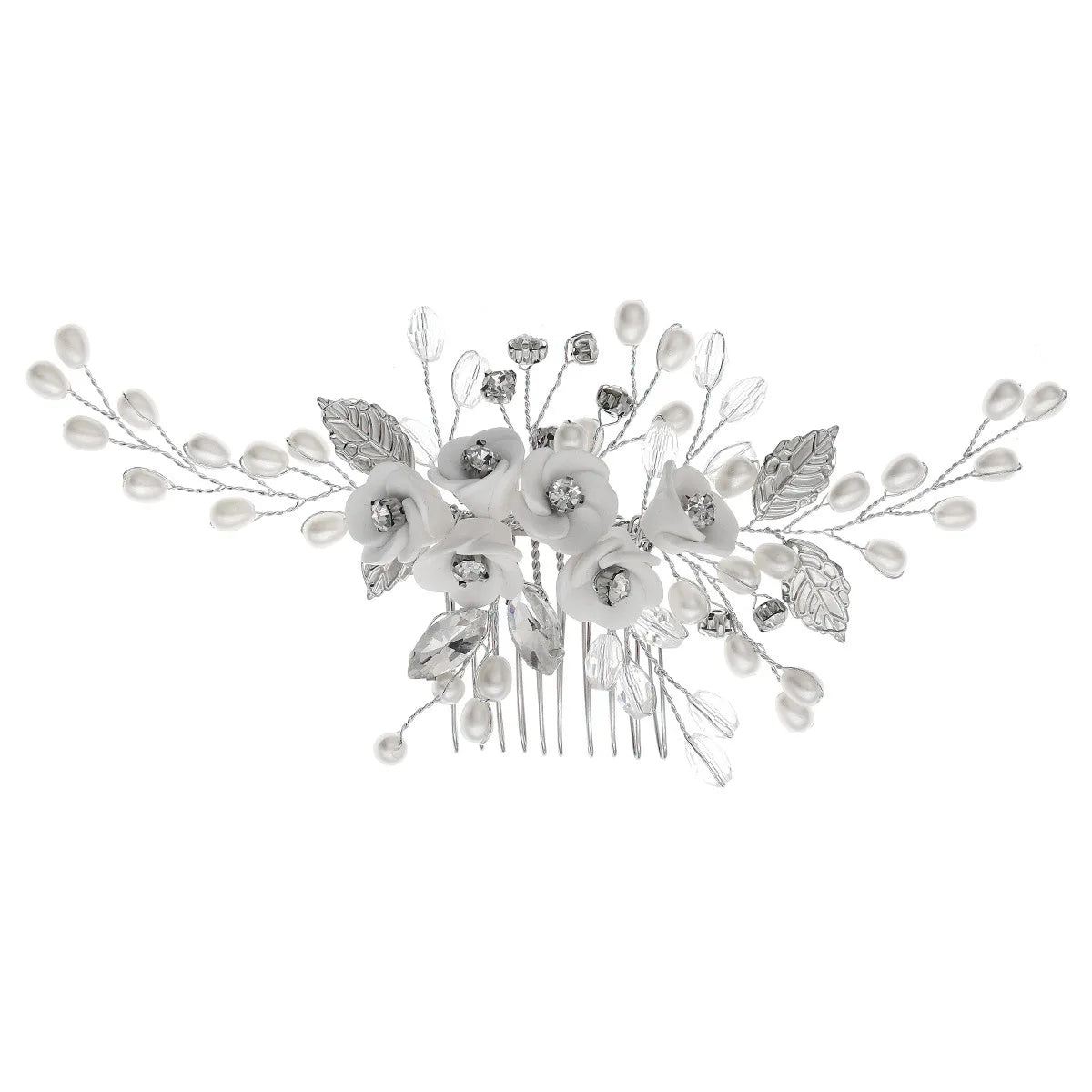 Women'S Handmade Leaves Rose Alloy Beaded Inlay Rhinestones Insert Comb