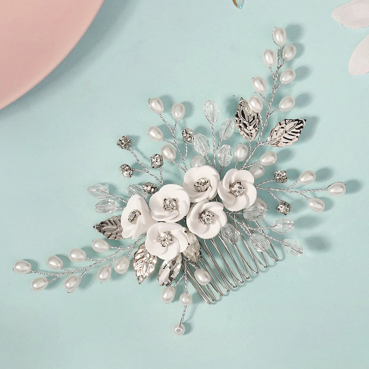 Women'S Handmade Leaves Rose Alloy Beaded Inlay Rhinestones Insert Comb